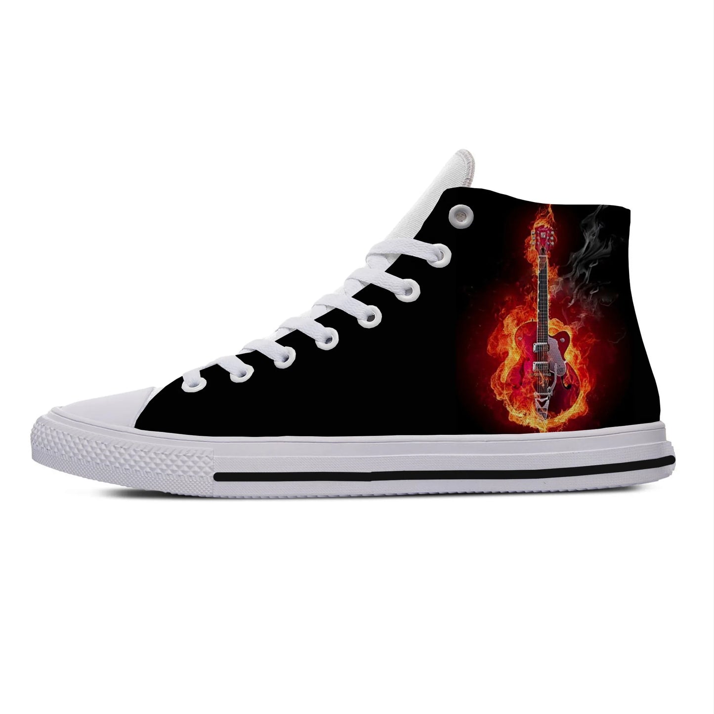 Hot Summer Fire Flame Music Funky Guitar Rock Fashion Lightweight High Top Canvas Shoes Men Women Casual Breathable Sneakers