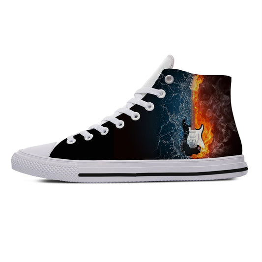 Hot Summer Fire Flame Music Funky Guitar Rock Fashion Lightweight High Top Canvas Shoes Men Women Casual Breathable Sneakers