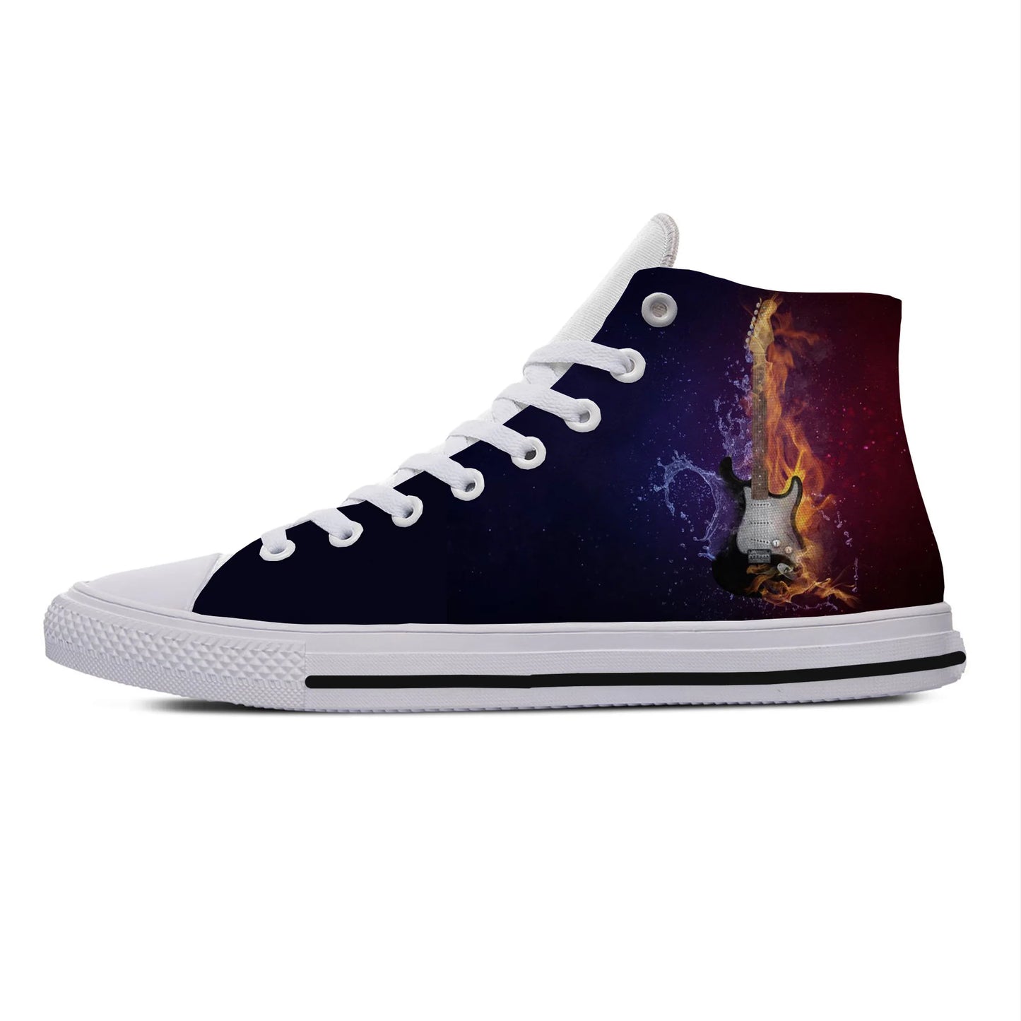 Hot Summer Fire Flame Music Funky Guitar Rock Fashion Lightweight High Top Canvas Shoes Men Women Casual Breathable Sneakers