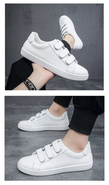 White Shoes Men Pu Leather Casual Shoes for Men Hook & Loop Loafers Fashion Skateboard Shoe Flat Male Sneakers Tenis Para Hombre