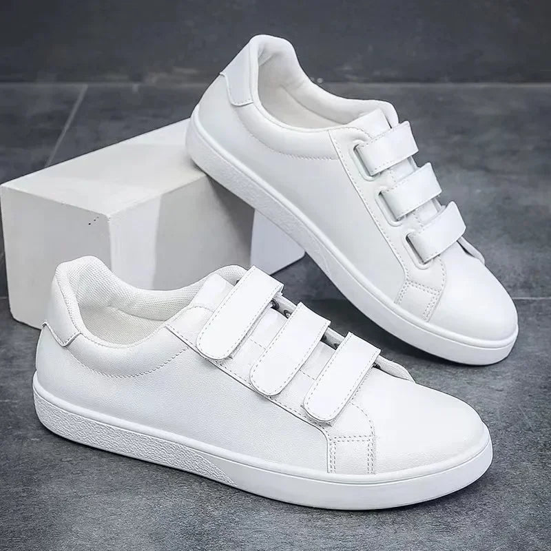 White Shoes Men Pu Leather Casual Shoes for Men Hook & Loop Loafers Fashion Skateboard Shoe Flat Male Sneakers Tenis Para Hombre